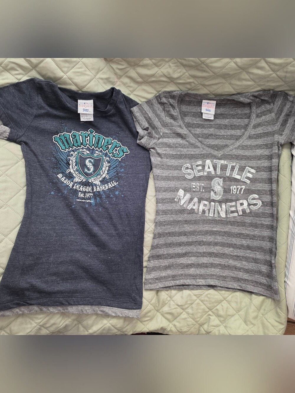 NWOT- Genuine Merchandise 2 Small Womens' Navy and Gray Sea. Mariners T-Shirts